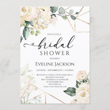 White roses and hydrangeas gold glitter bridal Invitations