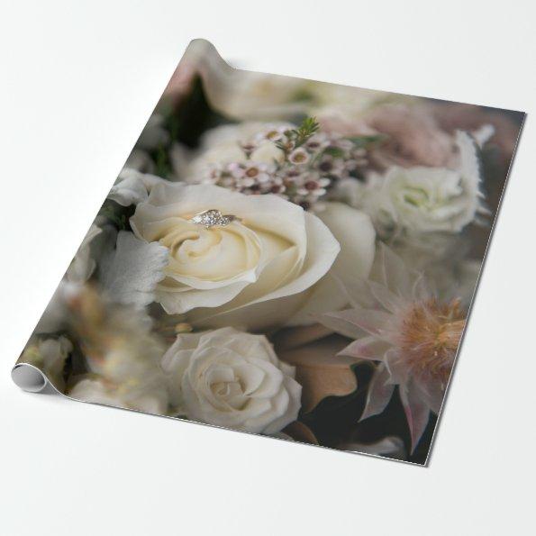 White roses and wedding rings wrapping paper