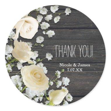 White Roses & Baby's Breath on Wood Bridal Shower Classic Round Sticker