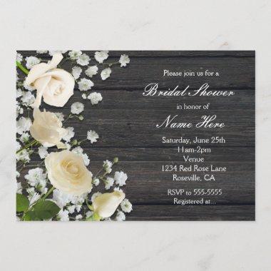 White Roses & Baby's Breath on Wood Bridal Shower Invitations