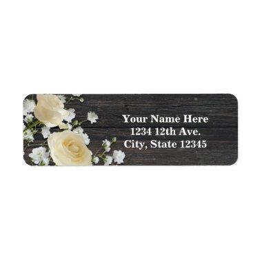 White Roses & Baby's Breath on Wood Bridal Shower Label