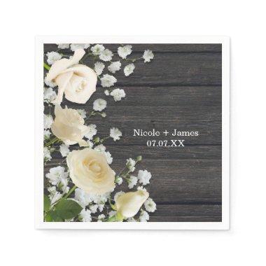White Roses & Baby's Breath on Wood Bridal Shower Napkins