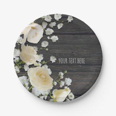 White Roses & Baby's Breath on Wood Bridal Shower Paper Plates