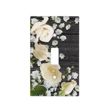 White Roses & Baby's Breath on Wood Elegant Floral Light Switch Cover