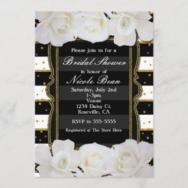 White Roses Black Stripes & Gold Bridal Shower Invitations