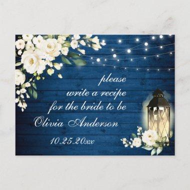 White Roses Blue Wood Bridal Shower Recipe Invitations