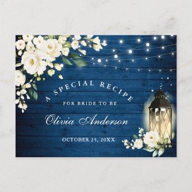 White Roses Blue Wood Bridal Shower Recipe Invitations