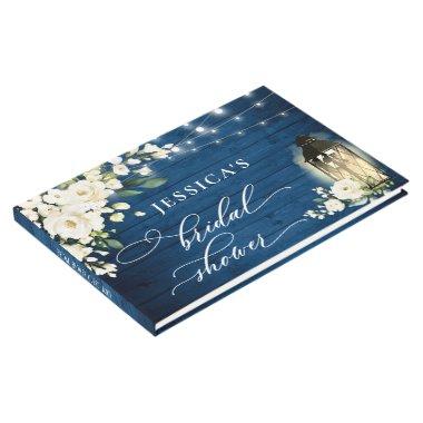 White Roses Blue Wood Lantern Bridal Shower Guest Book