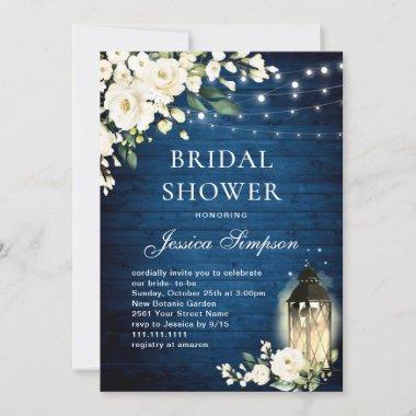 White Roses Blue Wood Lantern Bridal Shower Invitations