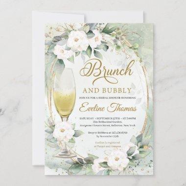 White roses champagne glass gold brunch and bubbly Invitations
