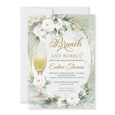 White roses champagne glass gold brunch and bubbly Invitations