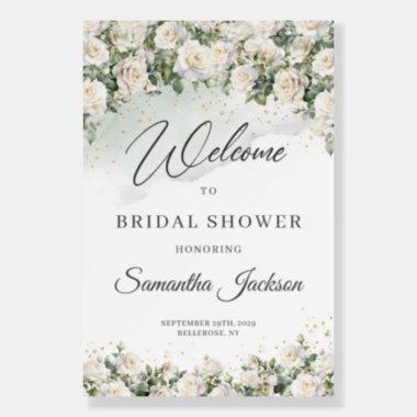 White roses eucalyptus gold bridal shower welcome foam board