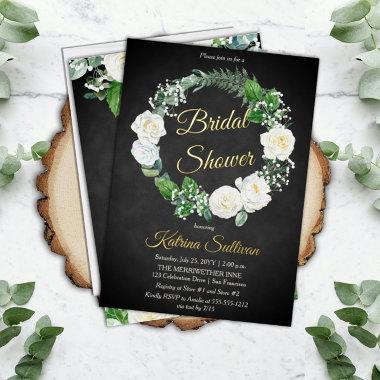 White Roses | Eucalyptus Greenery Bridal Shower F Foil Invitations