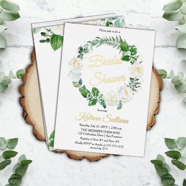White Roses | Eucalyptus Greenery Bridal Shower Foil Invitations