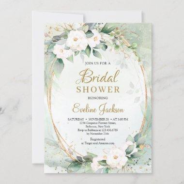 White roses eucalyptus greenery gold oval Bridal Invitations