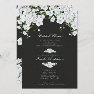White Roses Floral & Charcoal Grey Bridal Shower Invitations