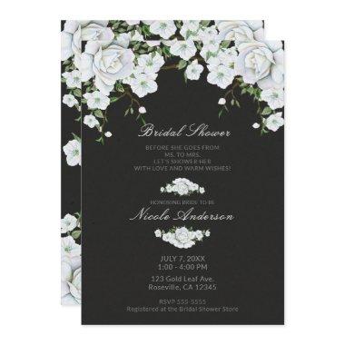 White Roses Floral & Charcoal Grey Bridal Shower Invitations