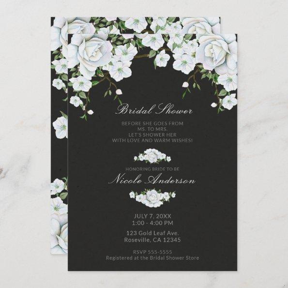White Roses Floral & Charcoal Grey Bridal Shower Invitations