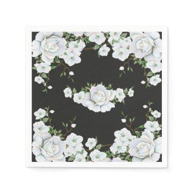 White Roses Floral & Charcoal Grey Bridal Shower Napkins