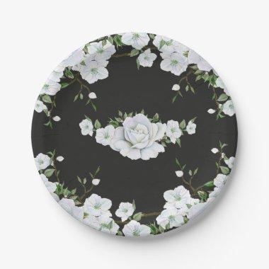 White Roses Floral & Charcoal Grey Bridal Shower Paper Plates