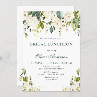 White Roses Floral Watercolor BRIDAL LUNCHEON Invitations