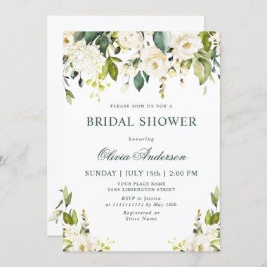 White Roses Floral Watercolor BRIDAL SHOWER Invitations