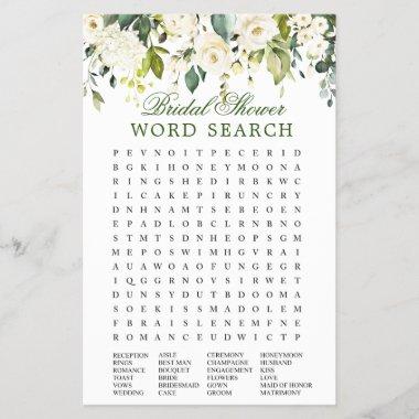 White Roses Floral Word Search Bridal Shower Game