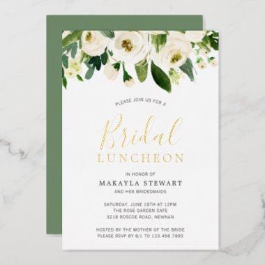 White Roses Greenery Floral Bridal Luncheon Gold Foil Invitations