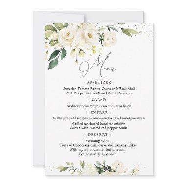 White Roses Greenery Foliage Wedding Menu Invitations