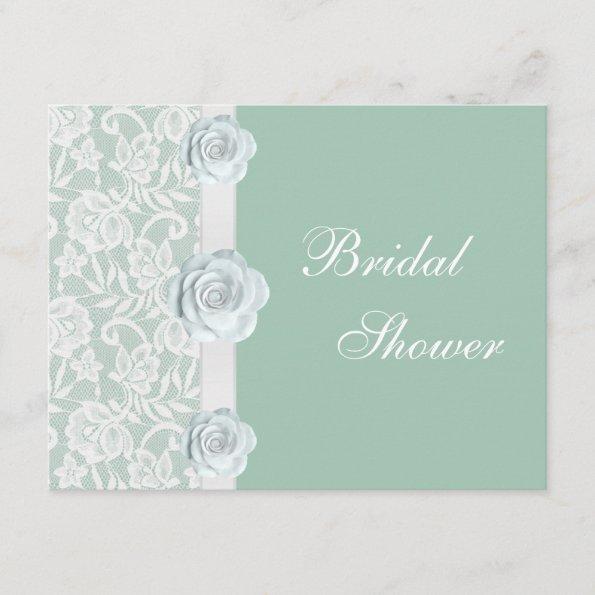 White Roses & Lace Mint Green Bridal Shower Invitations