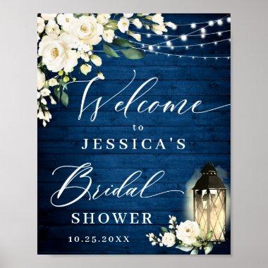 White Roses Lantern Blue Wood Bridal Shower Poster
