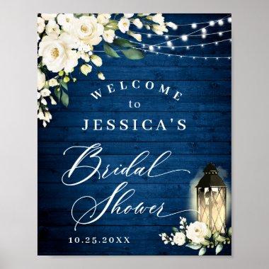 White Roses Lantern Blue Wood Bridal Shower Poster