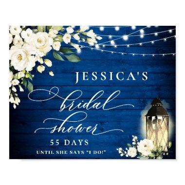 White Roses Lantern Royal Blue Wood Bridal Shower Poster