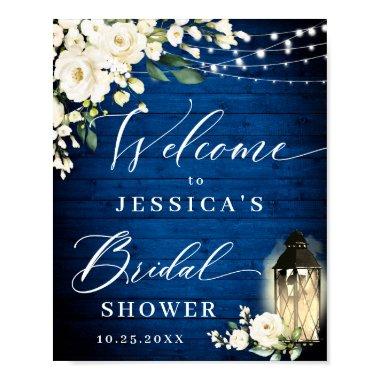 White Roses Lantern Royal Blue Wood Bridal Shower Poster