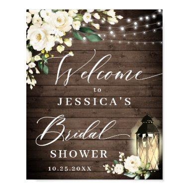 White Roses Lantern Rustic Wood Bridal Shower Poster