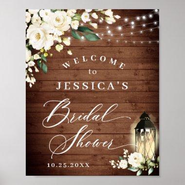 White Roses Lantern Rustic Wood Bridal Shower Poster