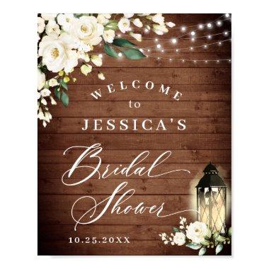 White Roses Lantern Rustic Wood Bridal Shower Poster