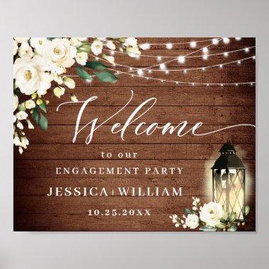 White Roses Lantern Rustic Wood ENGAGEMENT PARTY Poster