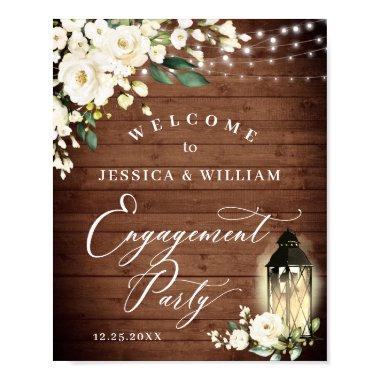 White Roses Lantern Rustic Wood Engagement Party Poster