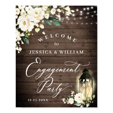 White Roses Lantern Rustic Wood Engagement Party Poster