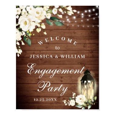 White Roses Lantern Rustic Wood Engagement Party Poster