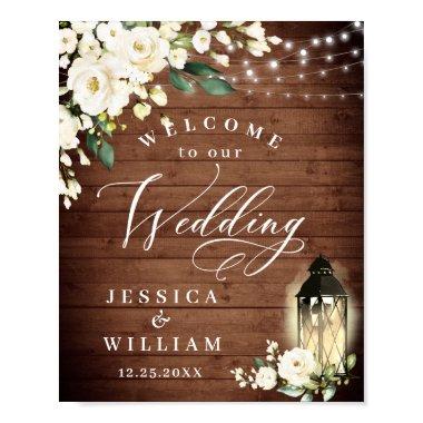 White Roses Lantern Rustic Wood Welcome Wedding Poster