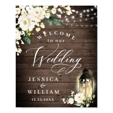White Roses Lantern Rustic Wood Welcome Wedding Poster