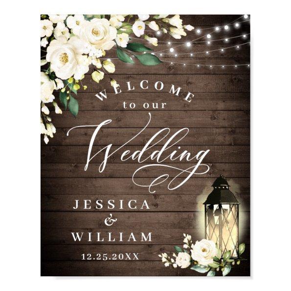 White Roses Lantern Rustic Wood Welcome Wedding Poster