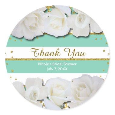 White Roses Mint Stripes & Gold Bridal Shower Classic Round Sticker