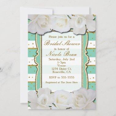 White Roses Mint Stripes & Gold Bridal Shower Invitations