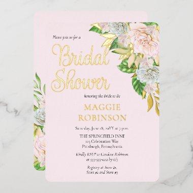 White Roses | Orchids Boho Floral Bridal Shower Foil Invitations