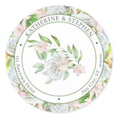 White Roses | Orchids Boho Floral Return Address  Classic Round Sticker