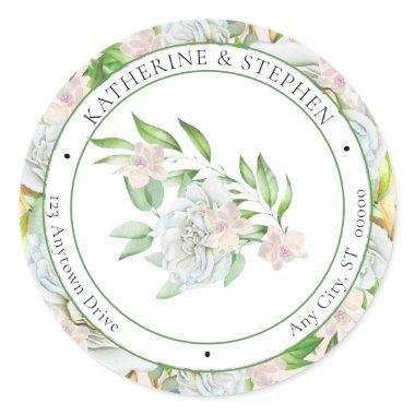 White Roses | Orchids Boho Floral Return Address  Classic Round Sticker