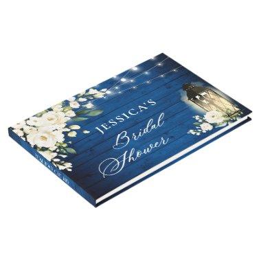 White Roses Royal Blue Wood Lantern Bridal Shower Guest Book